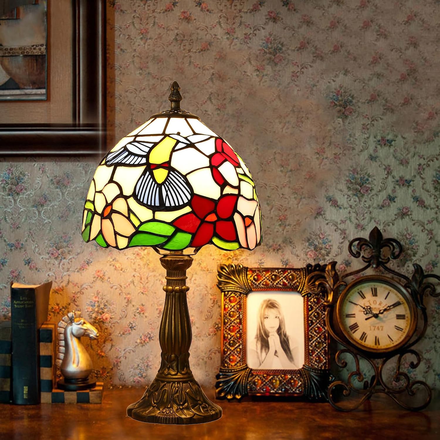 Tiffany Style Table Lamp, Hummingbird Style Stained Glass Lamp, 8 Inch Small Antique Lamp, for Bedside Nightstand Bedroom Living Room…