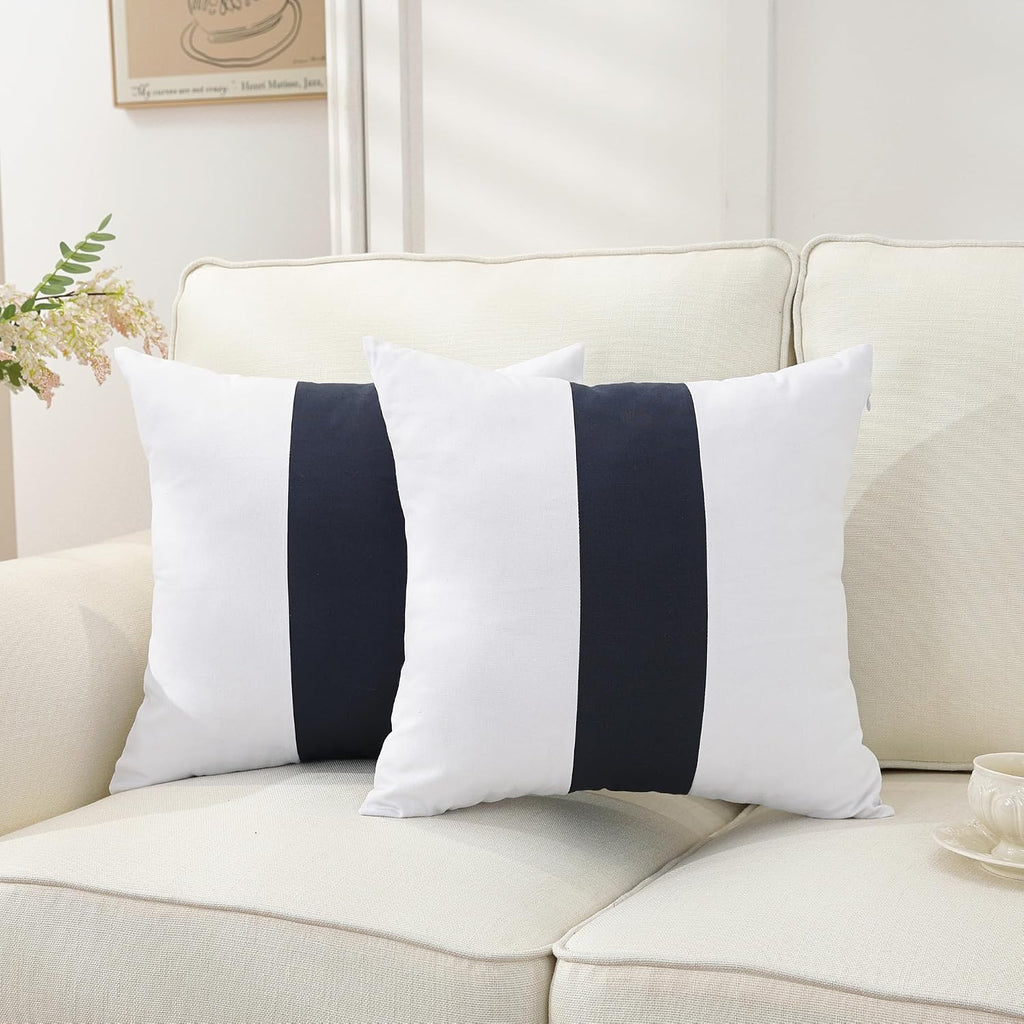 TAOSON Set of 2, 100% Cotton Canvas Patchwork Throw Pillow Covers 12x20 Inch Modern Navy Blue Striped Pillow Cushion Covers Farmhouse…