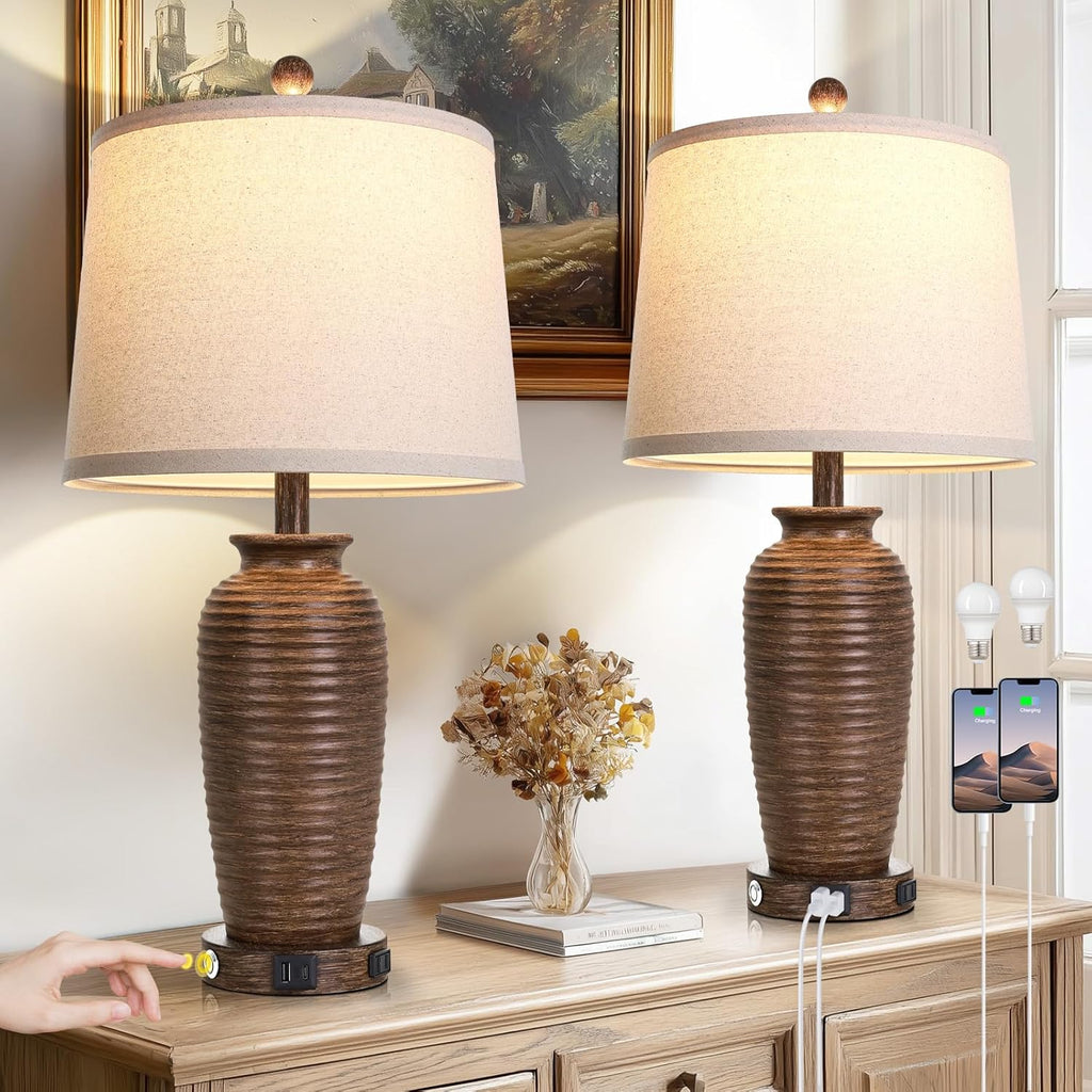 CINSARY 25" Retro Walnut Brown Farmhouse Jar Table Lamps Set of 2, 3 Way Touch Control Rustic Bedside Lamps with USB A+C Ports & AC…
