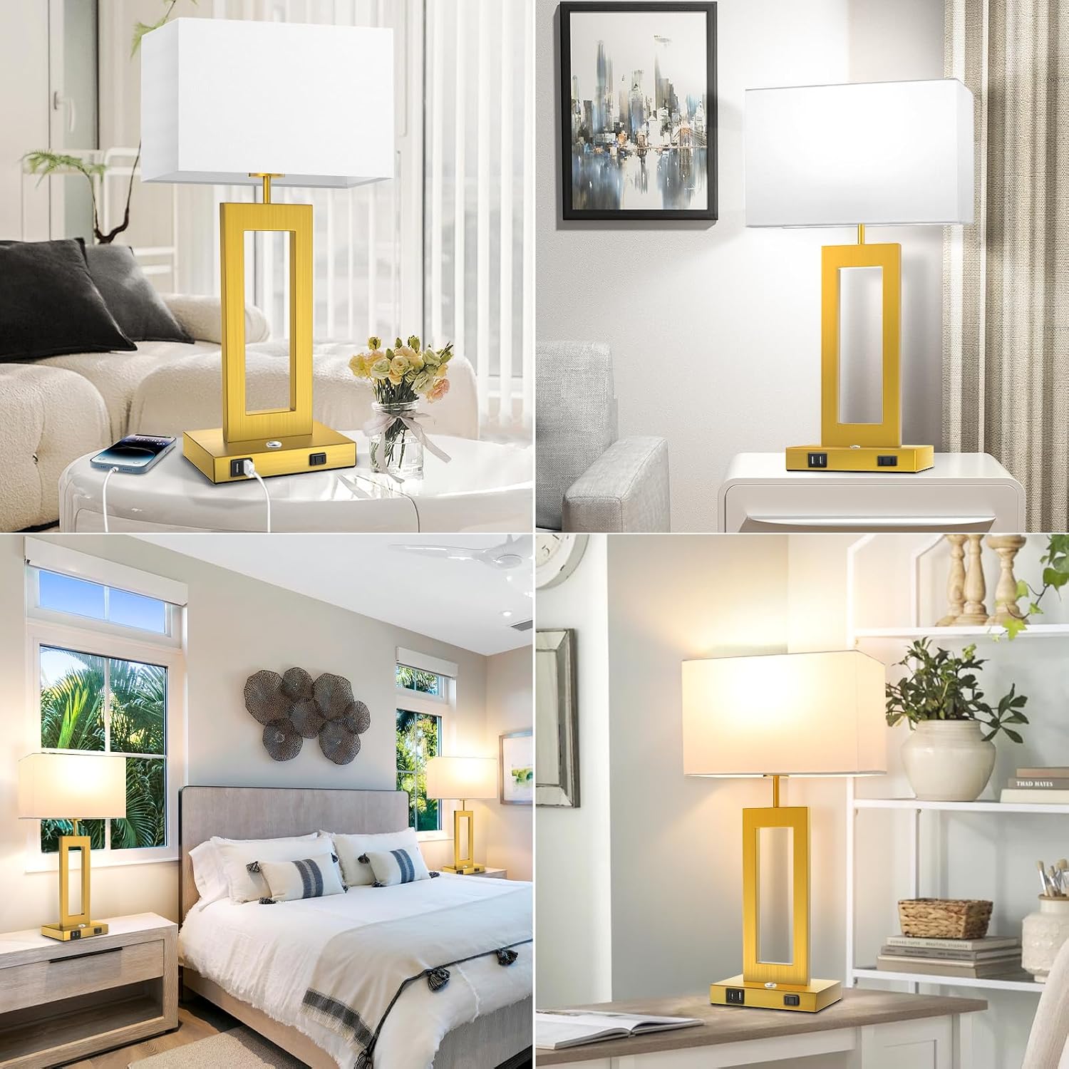 22’’ Touch Control Table Lamps Set of 2, 3 Color Temperatures Bedroom Bedside Lamps, Modern Gold Dimmable Lamps with USB Ports & AC…