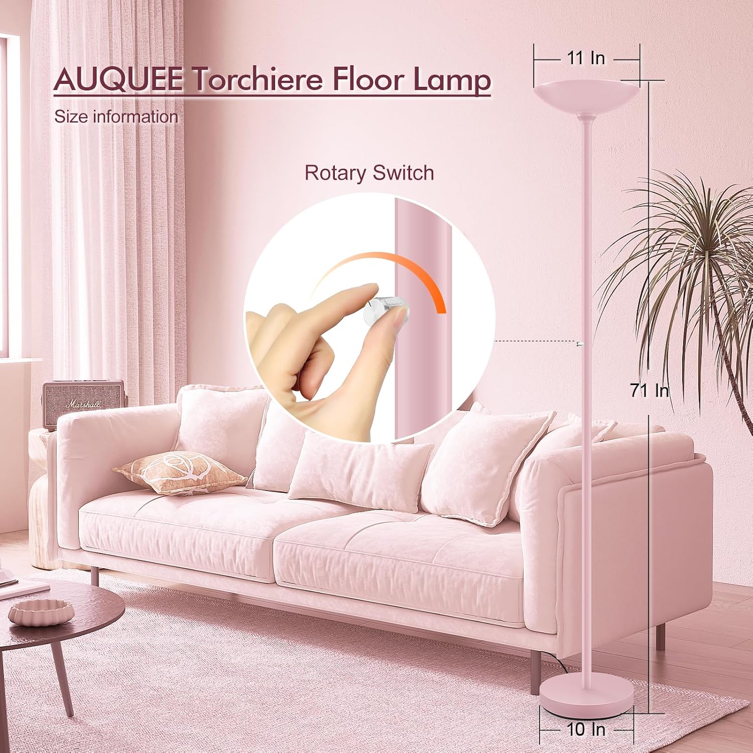 30W Pink Torchiere Floor Lamp, 3600LM Super Bright LED Pole Lamp, 71Inch Tall Stepless Dimmable Torch Lamp, 1Inch Thick Metal Tube…