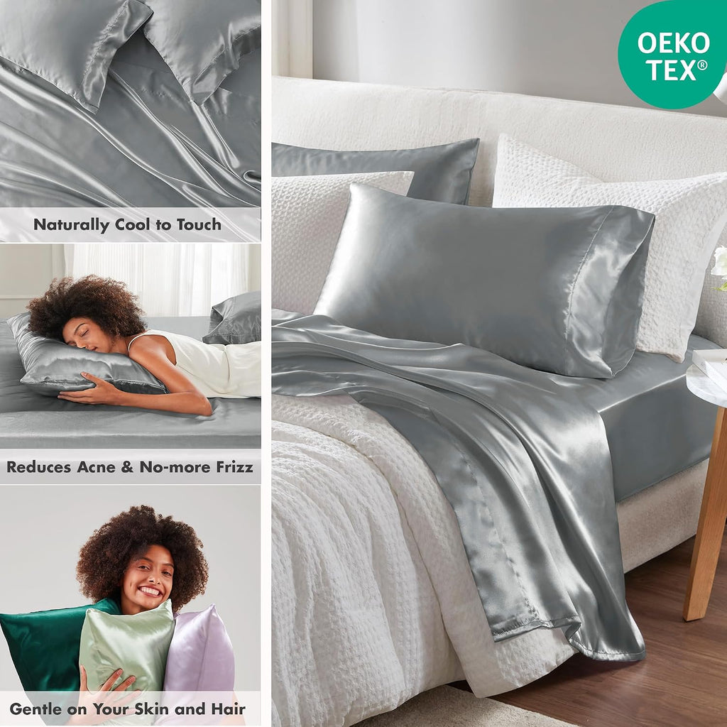 Madison Park Essentials Satin Sheet Set Luxury and Silky with Natural Sheen, Elastic 14" Pocket fits up to 16" Mattress, All Around…