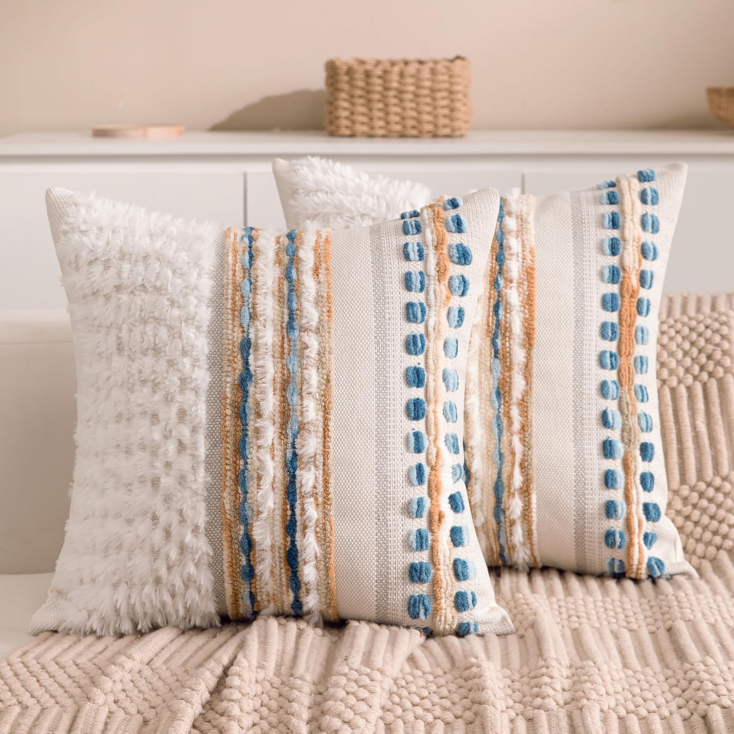 Boho Chenille Tufted Couch Throw Pillow Covers 18x18 Inch Set of 2 Farmhouse Striped Decorative Pillow Covers Accent Neutral Pillowcase…