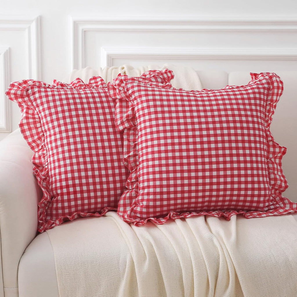 Kmasaniji 2 Pack Red White Plaid Ruffle Gingham Throw Pillow Covers, 100% Washed Cotton Christmas Decorative Buffalo Checkered Farmhouse Pi…