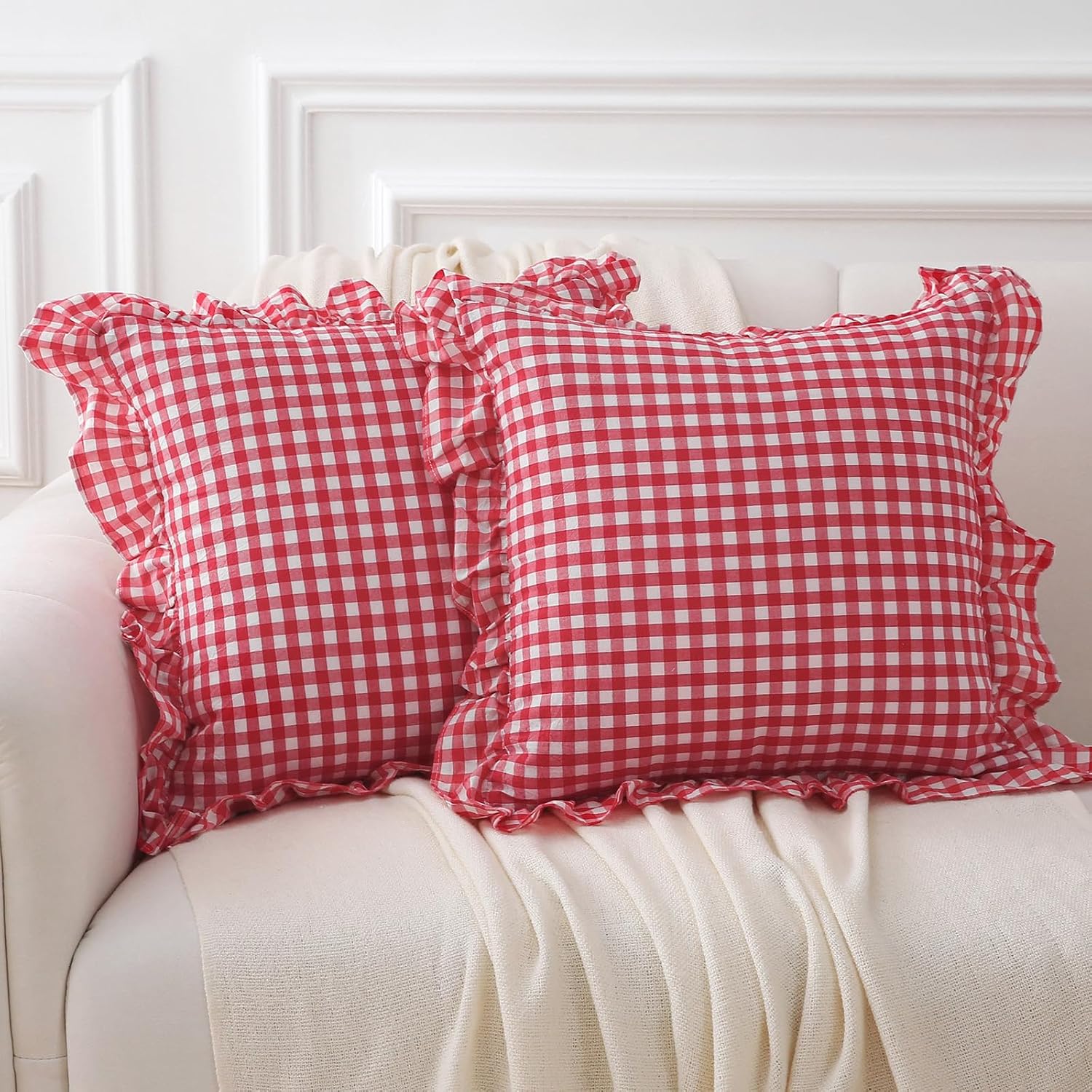 Kmasaniji 2 Pack Red White Plaid Ruffle Gingham Throw Pillow Covers, 100% Washed Cotton Christmas Decorative Buffalo Checkered Farmhouse Pi…