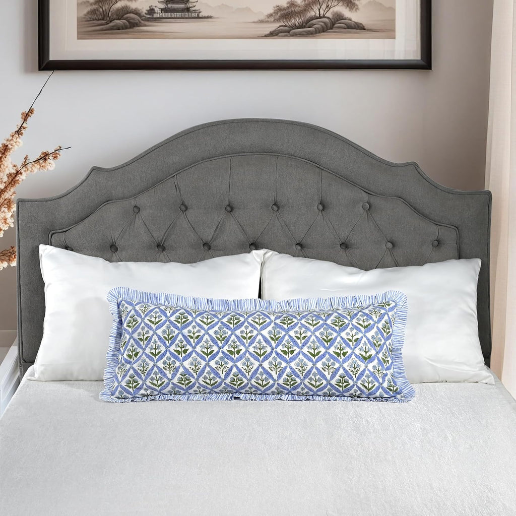 Ridhi Block Print Light Steel Blue 36"x14" Set 1-100% Cotton Ruffle Lumbar Sham Cover Boho Floral Pillowcase, Farmhouse Cottagecore…