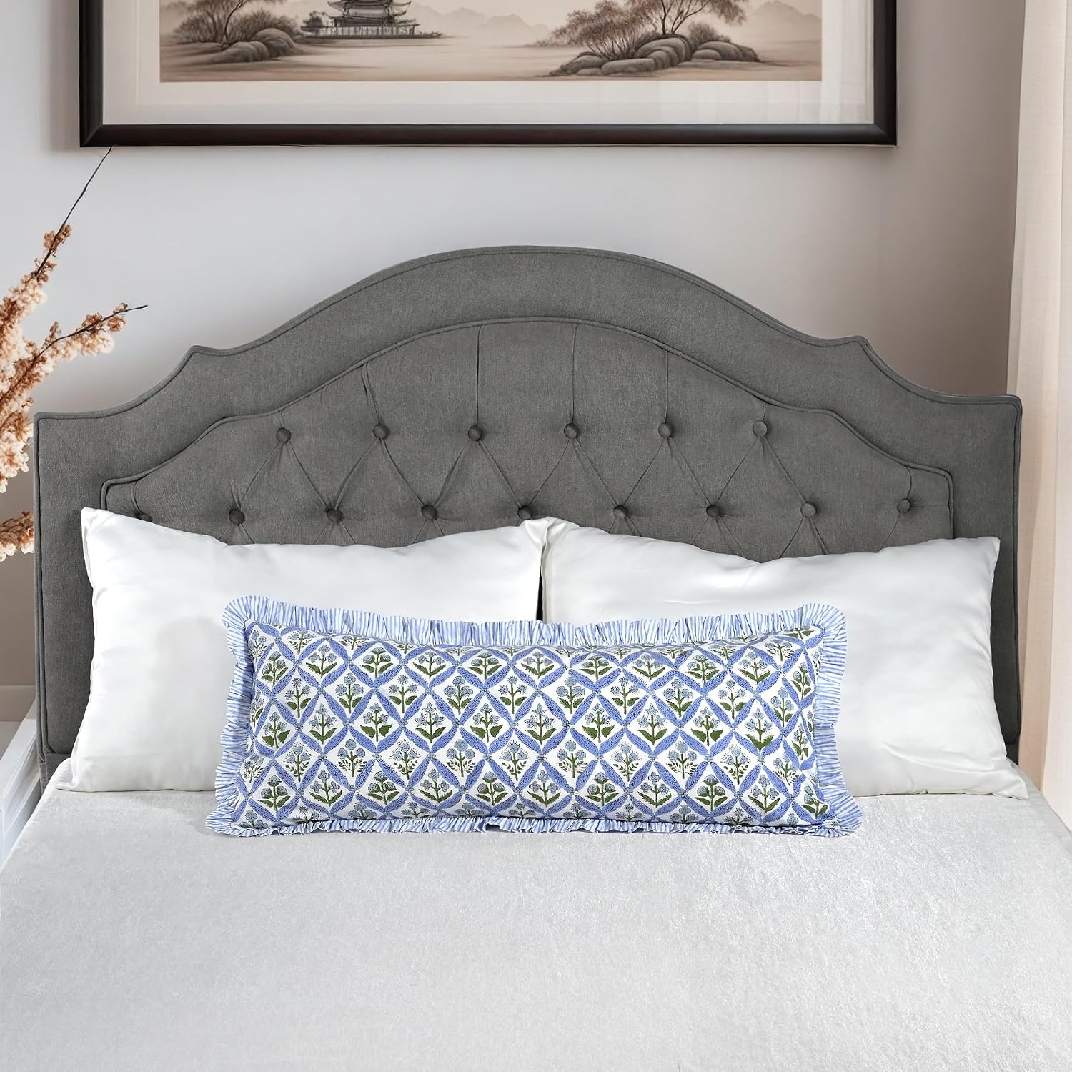 Ridhi Block Print Light Steel Blue 36"x14" Set 1-100% Cotton Ruffle Lumbar Sham Cover Boho Floral Pillowcase, Farmhouse Cottagecore…