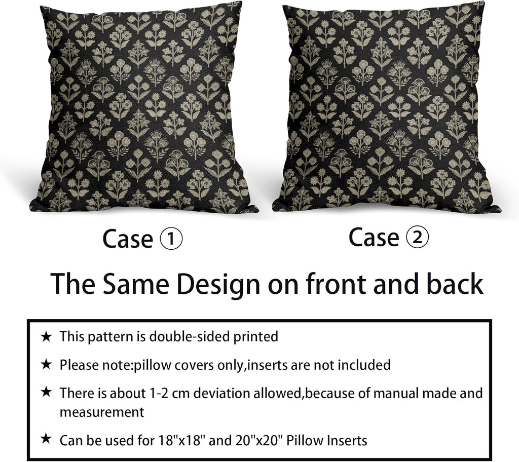 Black Floral Pillow Covers 22x22 Inch Set of 2, Vintage Flower Block Print Decorative Throw Pillowcases Outdoor Farmhouse Cushion Covers…