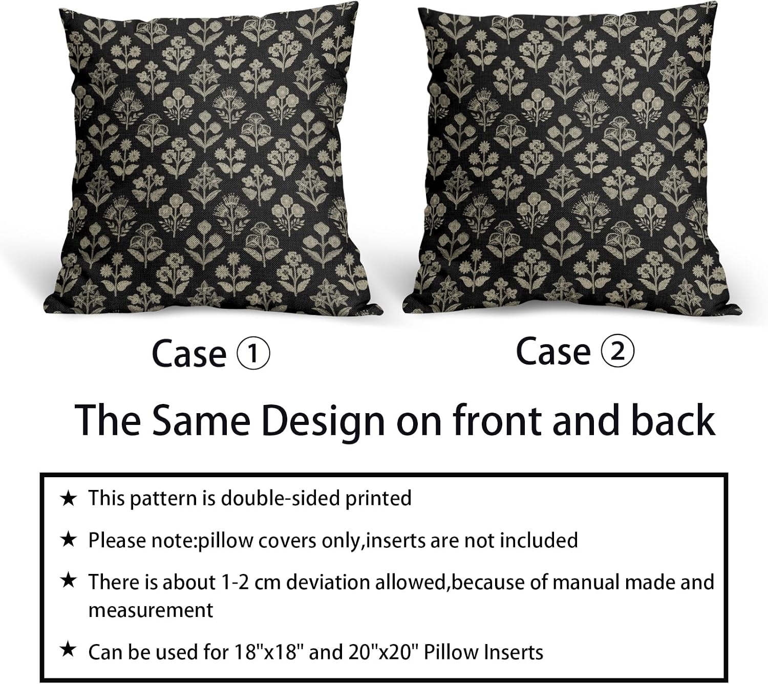 Black Floral Pillow Covers 22x22 Inch Set of 2, Vintage Flower Block Print Decorative Throw Pillowcases Outdoor Farmhouse Cushion Covers…