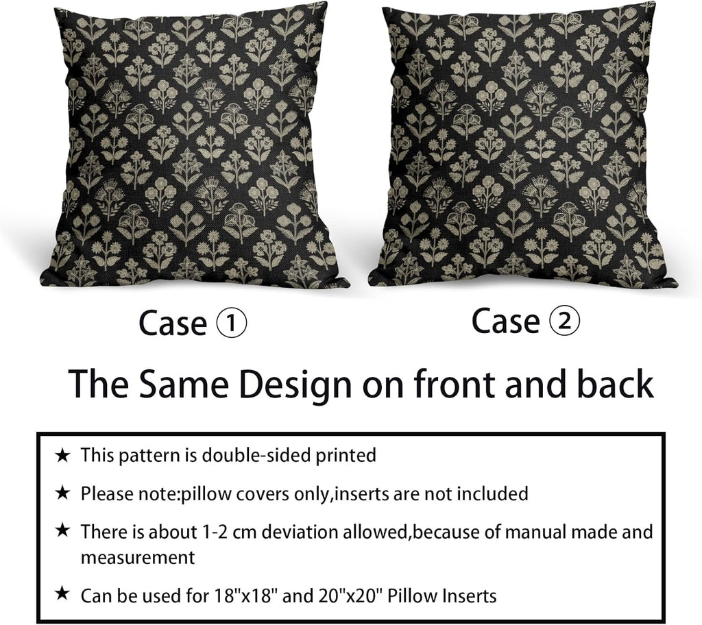 Black Floral Block Print Pillow Covers 16x16 Inch Set of 2, Vintage Flower Pattern Decorative Throw Pillowcases Outdoor Farmhouse Cushion…