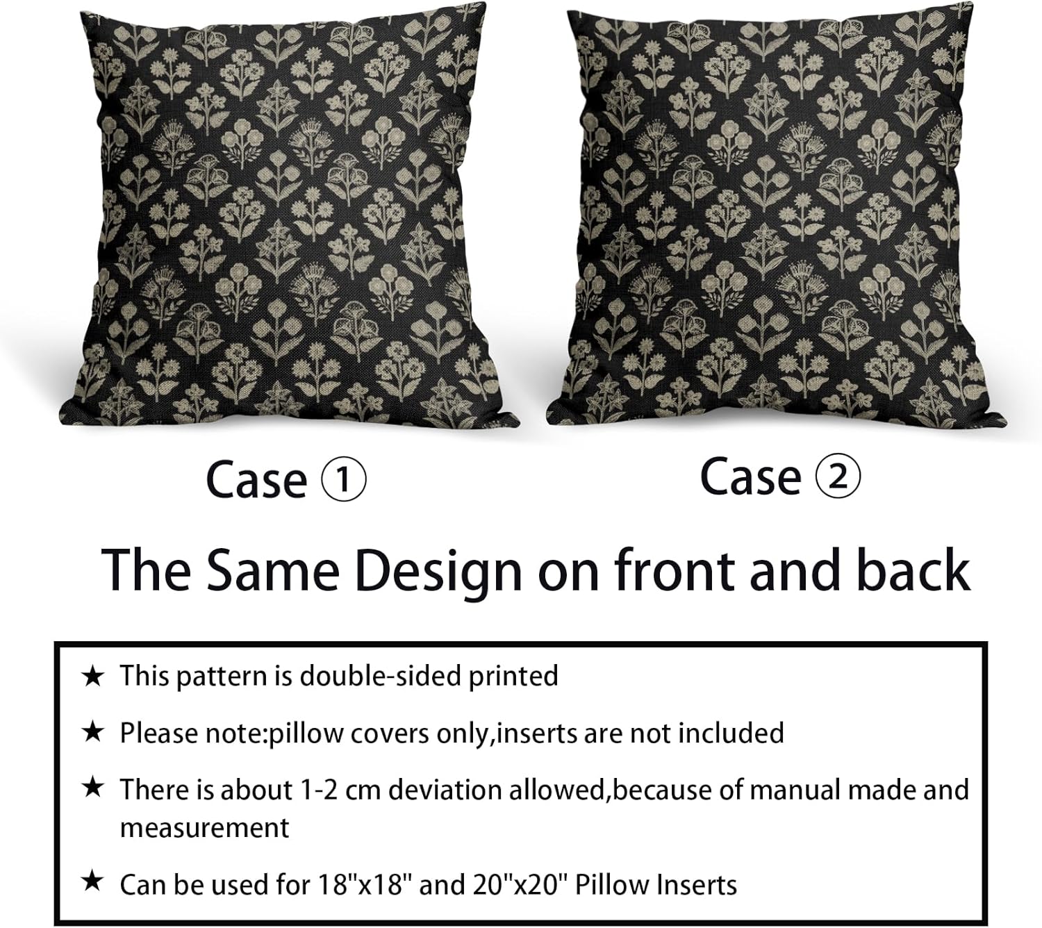 Black Floral Block Print Pillow Covers 16x16 Inch Set of 2, Vintage Flower Pattern Decorative Throw Pillowcases Outdoor Farmhouse Cushion…