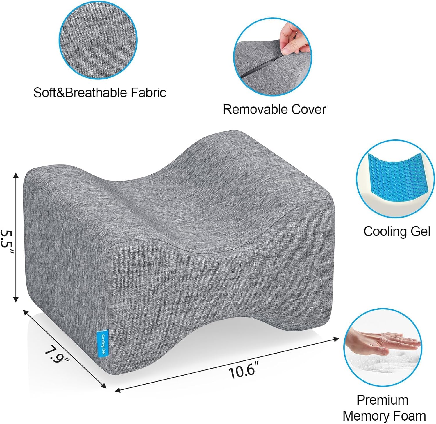 Knee Pillow for Side Sleepers with Cooling Gel, Memory Foam Elevation Pillow for Spine Aligning, Sciatica, Back, Hip, Knee, Ankle Pain…