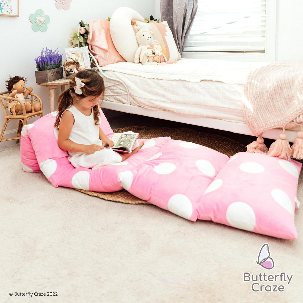 Butterfly Craze Floor Pillow Case, Mattress Bed Lounger Cover, Polka Pink, Queen Size - Cozy Seating Solution for Kids & Adults, Recliner…