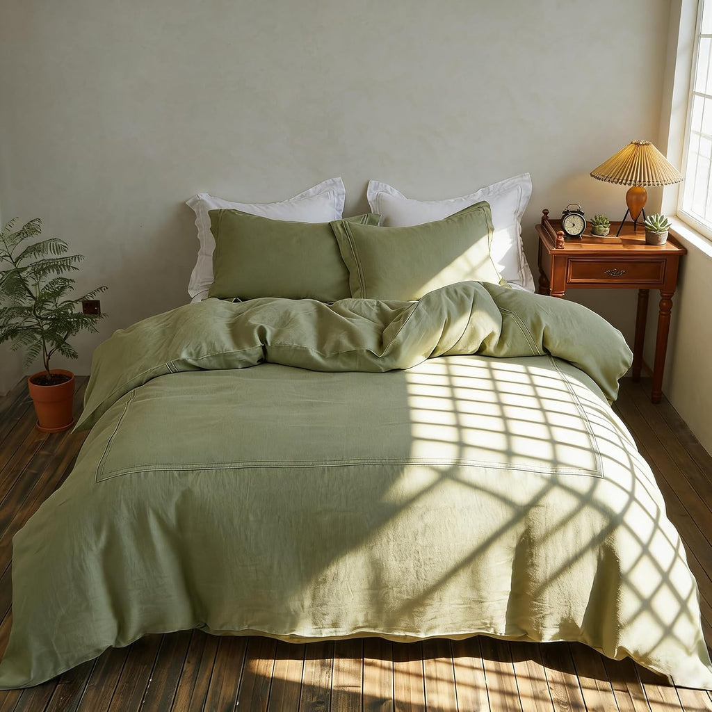 Simple&Opulence 100% Washed Linen Duvet Cover Set 88"x92" - 3 Pieces Soft Farmhouse Comforter Set Double Embroidered with Button Closure…