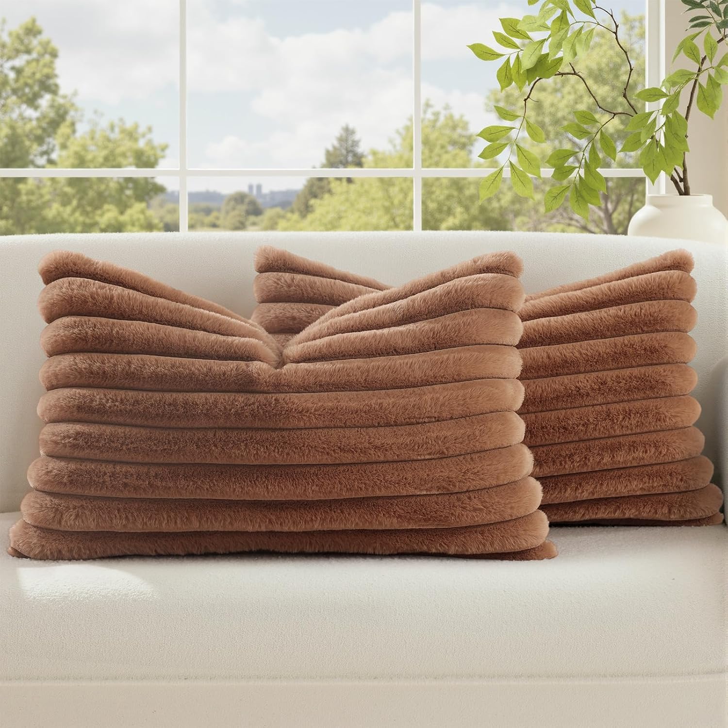 decorUhome Cozy Faux Fur Throw Pillow Covers 12x20 Set of 2 Decorative Soft Plush Striped Lumbar Modern Farmhouse Boho Couch Pillow Cases w…