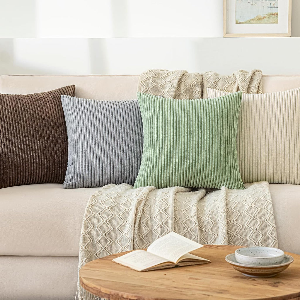 Softalker Throw Pillow Covers 18 x 18, Set of 2 - Cream Spring Decorative Soft Corduroy Striped Boho Beige Pillow Covers, White Cushion Pil…