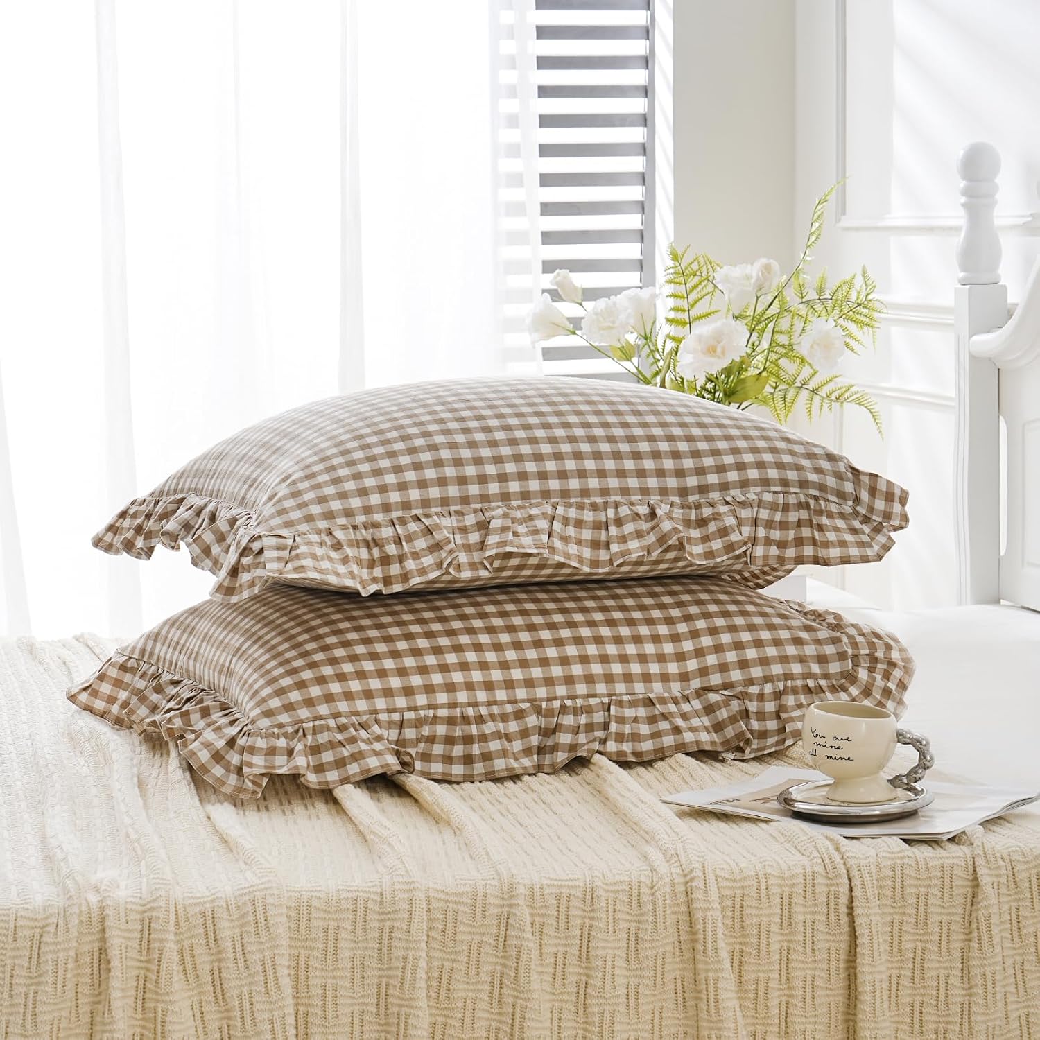 Qilunn 2 Pack Taupe White Plaid Gingham Ruffle Pillow Shams Standard Size 20x26 inches, 100% Washed Cotton Checkered Farmhouse Pillow Cover…