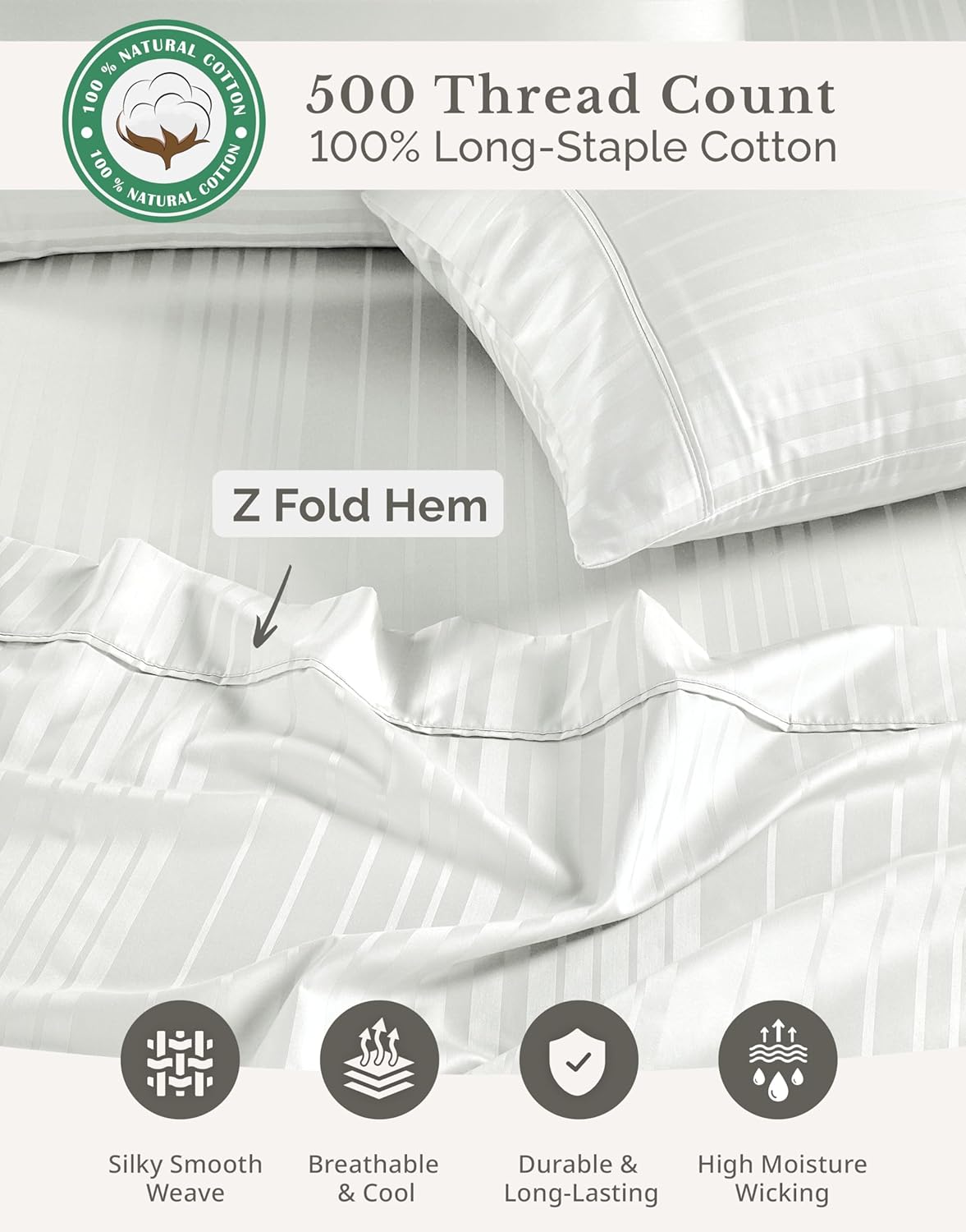 Casa Platino 100% Cotton Sheets California King Size Set - 6 Pcs (1 Flat, 1 Fitted, 4 Pillowcases) - Striped 500 TC - Smooth & Silky…