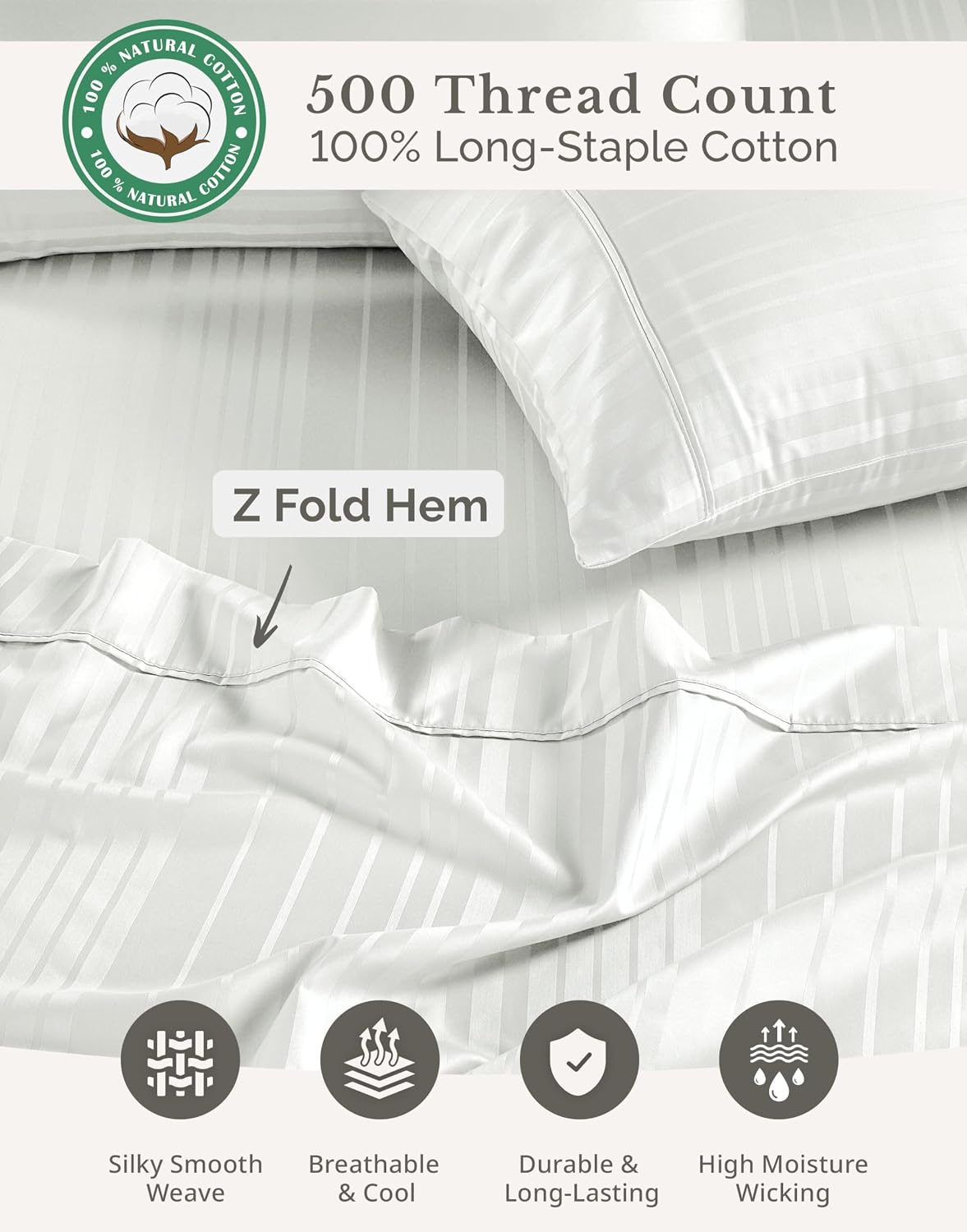 Casa Platino 100% Cotton Sheets King Size Set - 6 Pcs (1 Flat, 1 Fitted, 4 Pillowcases) - Striped 500 TC - Ultra Smooth Sateen Weave Bed…