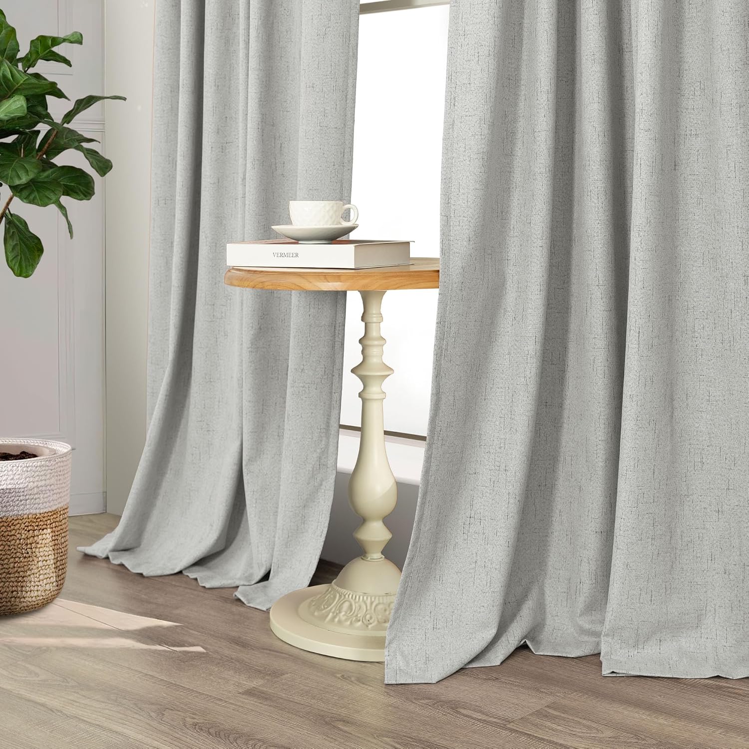 Pitalk 63 Inch Length Curtains for Living Room Black Out 2 Panel Faux Linen Rustic Country Farmhouse Style Room Darkening Light Gray Blacko…