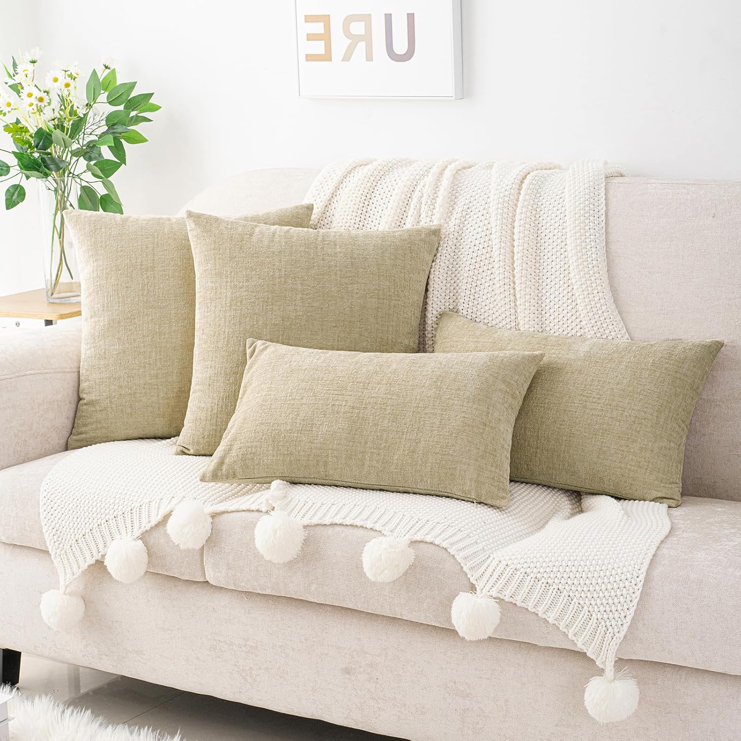 Hwy50 HWY 50 Beige Couch Pillow Covers 22x22 Inch Pack of 2, Soft Chenille Decorative Throw Pillow Cases Farmhouse for Sofa Living Room Bed…