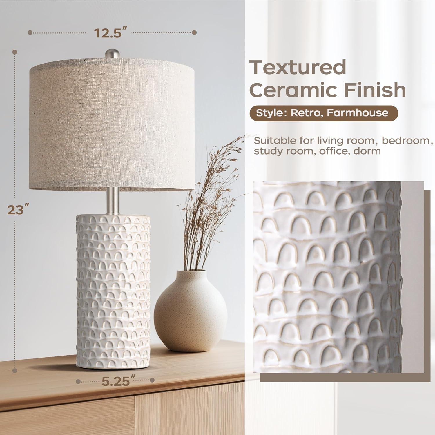 PARTPHONER 23" Modern Ceramic Table Lamp Set of 2, Table Lamps for Living Room, Rustic Farmhouse Bedside Lamps Nightstand lamp for…