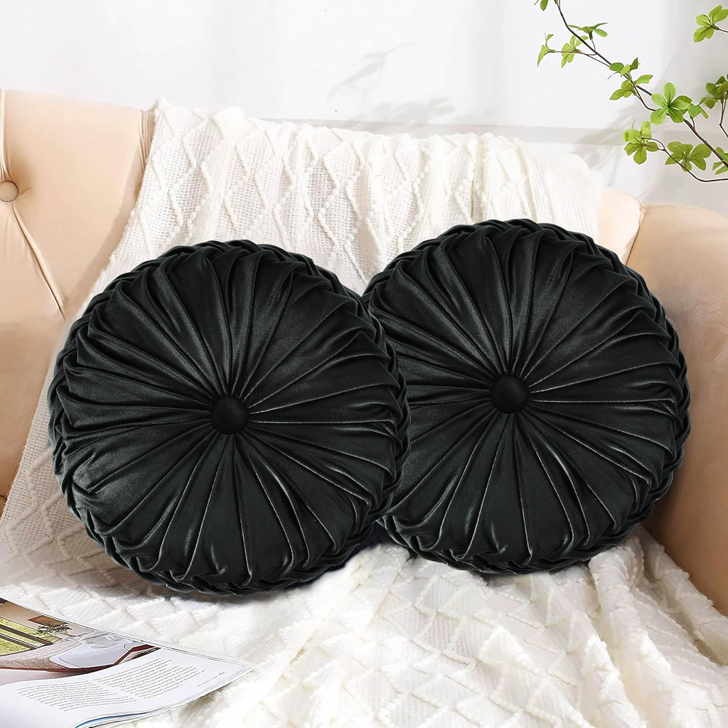 Hig Set of 2 Decorative Round Pleated Throw Pillows, Classy Accent Pumpkin Throw Pillows with Center Button, Vintage Velvet Floor Pillows f…