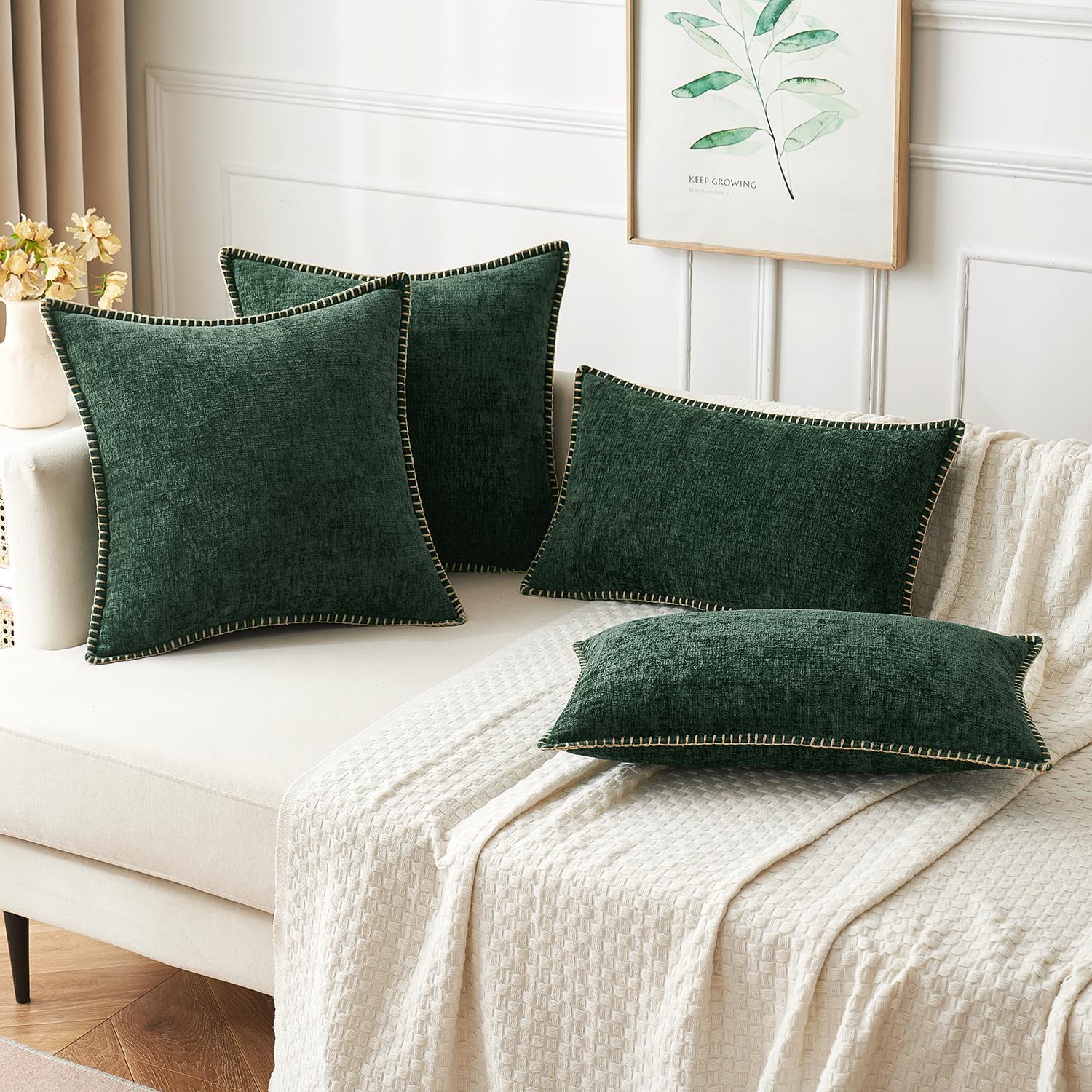 Miulee Pack of 2 Pillow Covers 18x18 Inch Dark Green Farmhouse Decorative Throw Pillow Covers with Stitched Edge Soft Chenille Solid Dyed C…