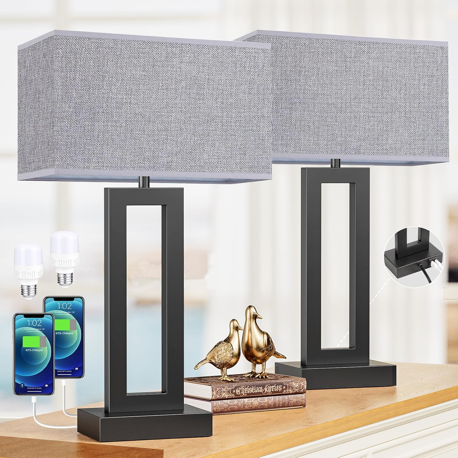 Seealle 22" Tall Living Room Lamps for Night Stands - Touch Bedside Lamp with USB C+A, 3 Way Dimmable Bedroom Lamps for End Tables Set of…