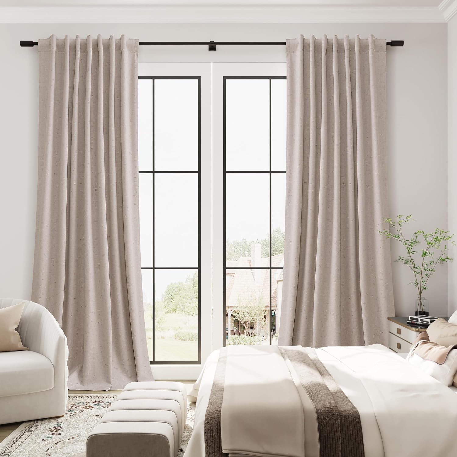 Guken Champagne Linen 100% Blackout Curtains 102 Inches Long Modern Black Out Light Blocking Noise Cancelling Back Tab Hook Belt Curtain fo…