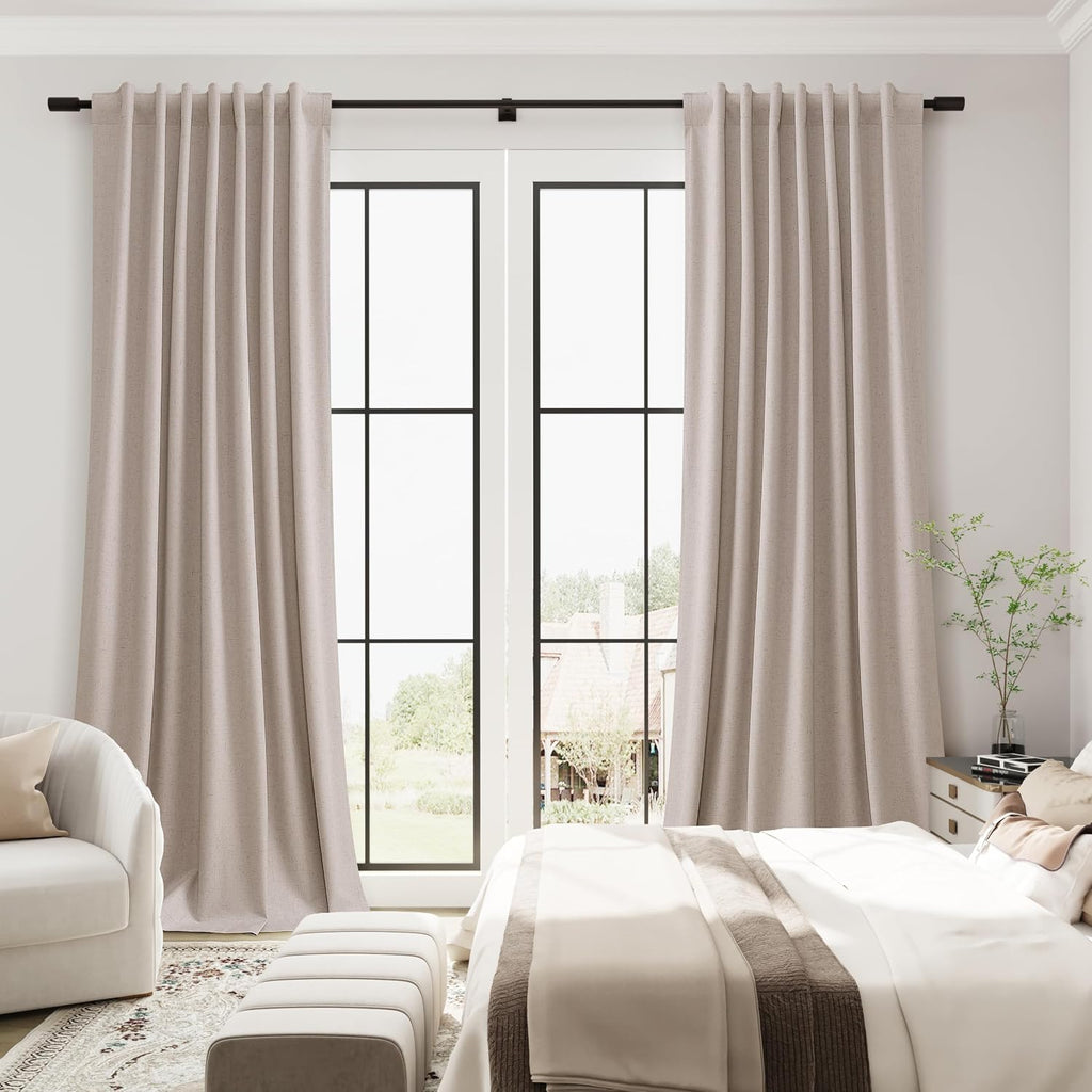 Guken Champagne Linen 100% Blackout Curtains for Bedroom 96 Inch Long 2 Panels Back Tab Hook Belt Decor for Living Room Black Out Light Blo…