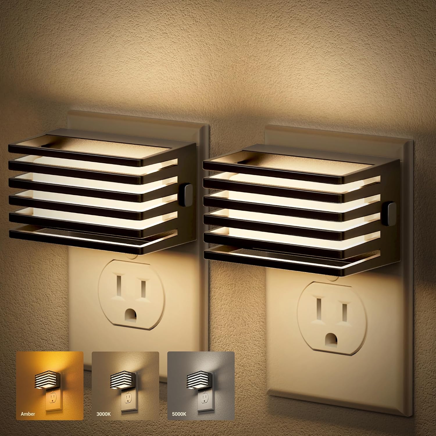 JandCase LED Night Light, [2 Pack] Night Lights Plug into Wall with Dusk to Dawn Sensor, 3 Colors 3000K/5000K/Amber, Plug in Nightlight…
