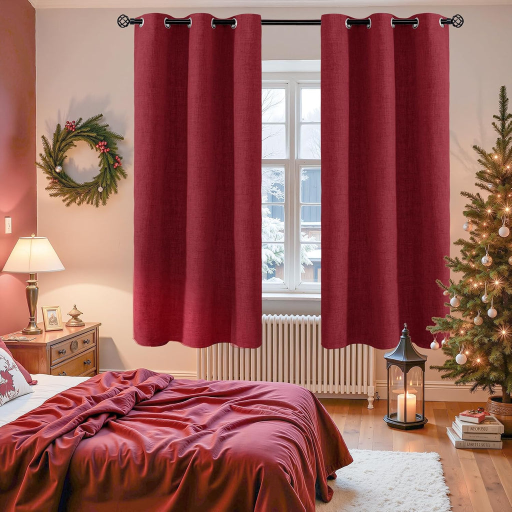 YoungsTex Burgundy Linen Blackout Curtains 63 Inches Long for Bedroom, Thermal Insulated Light Blocking Window Drapes with Grommet for Livi…