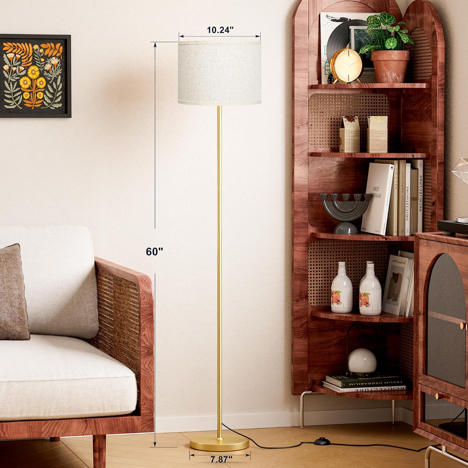 Ambimall 60'' Modern Floor Lamp with Shade, Tall Lamps for Living Room, Bedroom, Office, Dining Room, Beige Shade with Gold Pole(Without Bu…