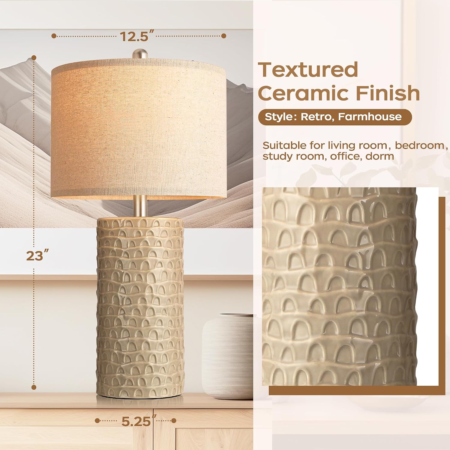 PARTPHONER 23" Modern Ceramic Table Lamp Set of 2, Table Lamps for Living Room, Rustic Farmhouse Bedside Lamps Nightstand lamp for…