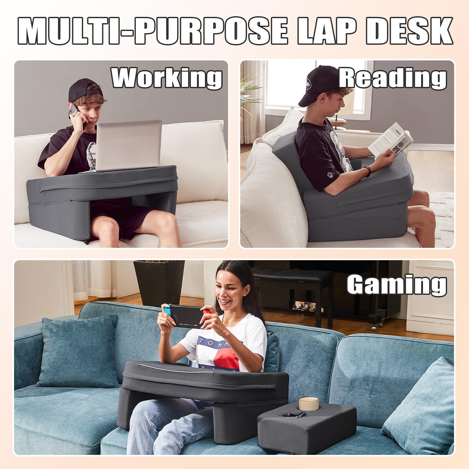 comehealthy Lap Desk for Laptop, Reading Pillow for Adult, Memory Foam Gaming Pillow with Cup Holder, Arm Rest Couch Pillow for Working…