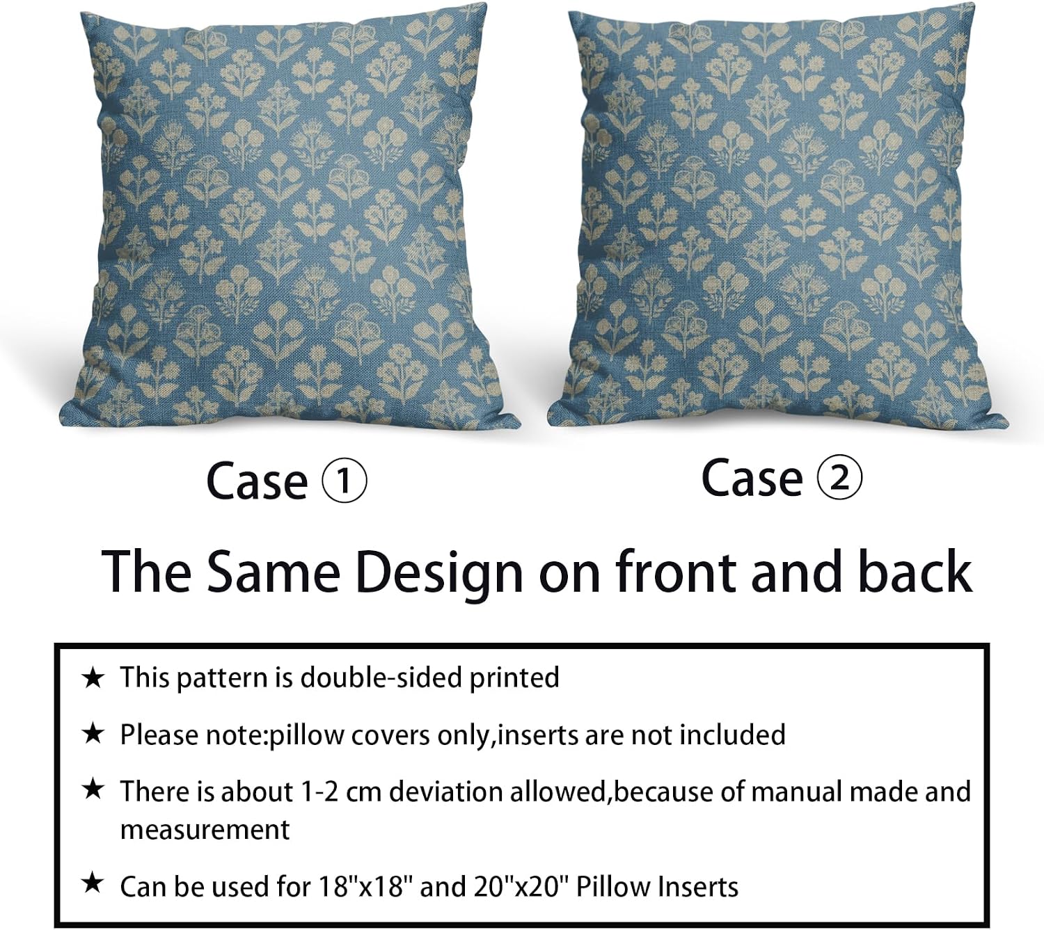 Light Blue Floral Block Print Pillow Covers 20x20 Inch Set of 2, Vintage Flower Pattern Decorative Throw Pillowcases Outdoor Farmhouse…