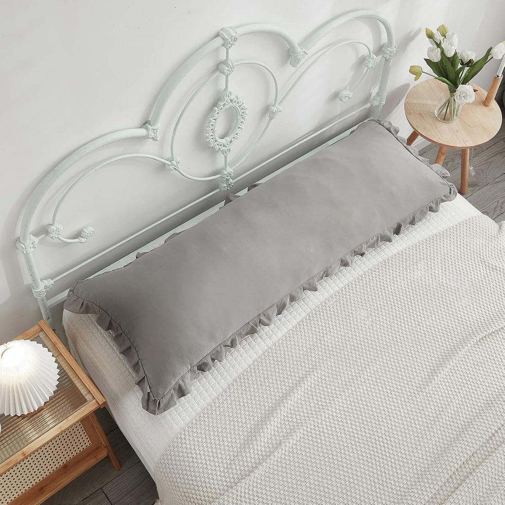 Merryword Shabby Chic 20x54in Light Grey Body Pillow Cover with Ruffled Fringe Decor Grey