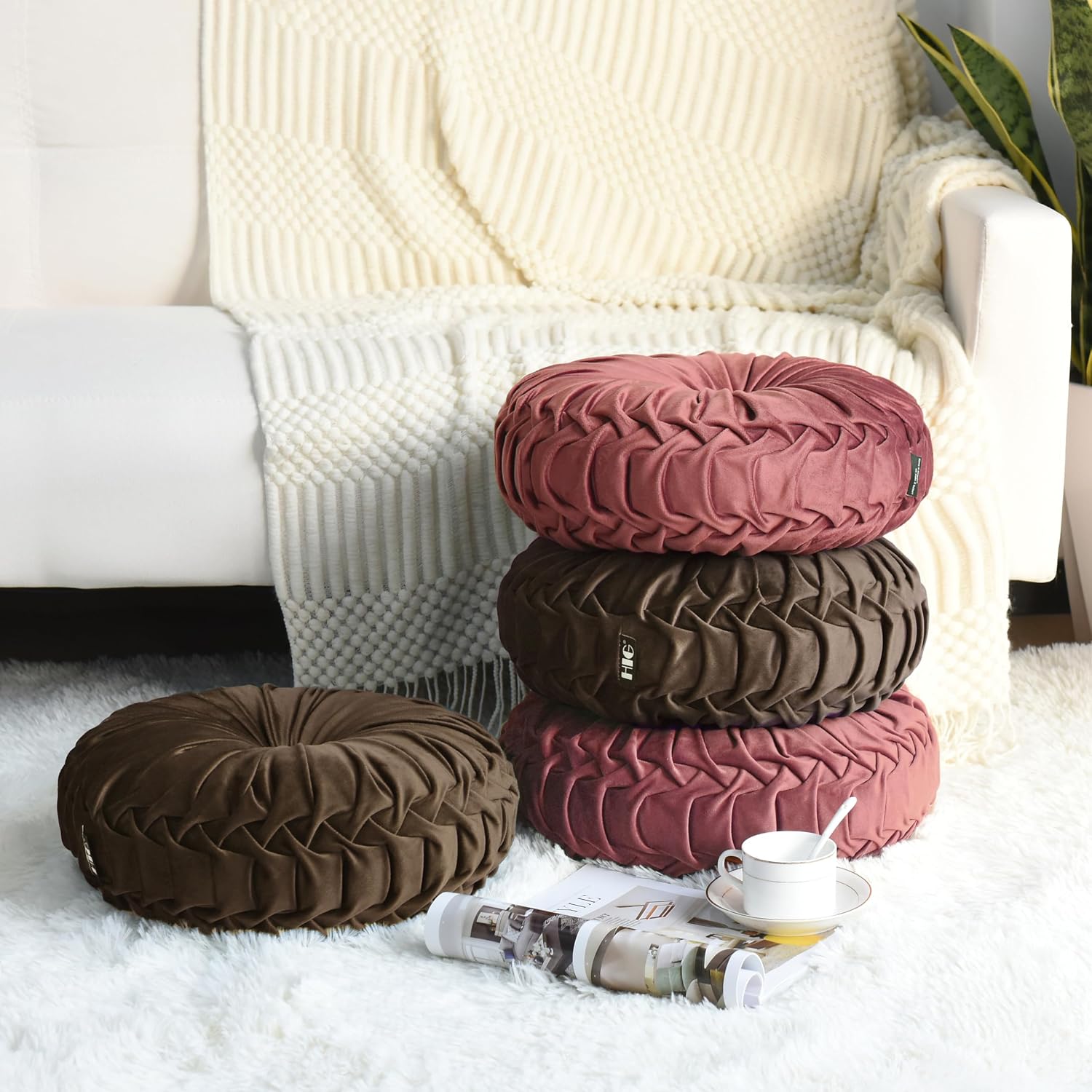 Hig Set of 2 Decorative Round Pleated Throw Pillows, Classy Accent Pumpkin Throw Pillows with Center Button, Vintage Velvet Floor Pillows for…