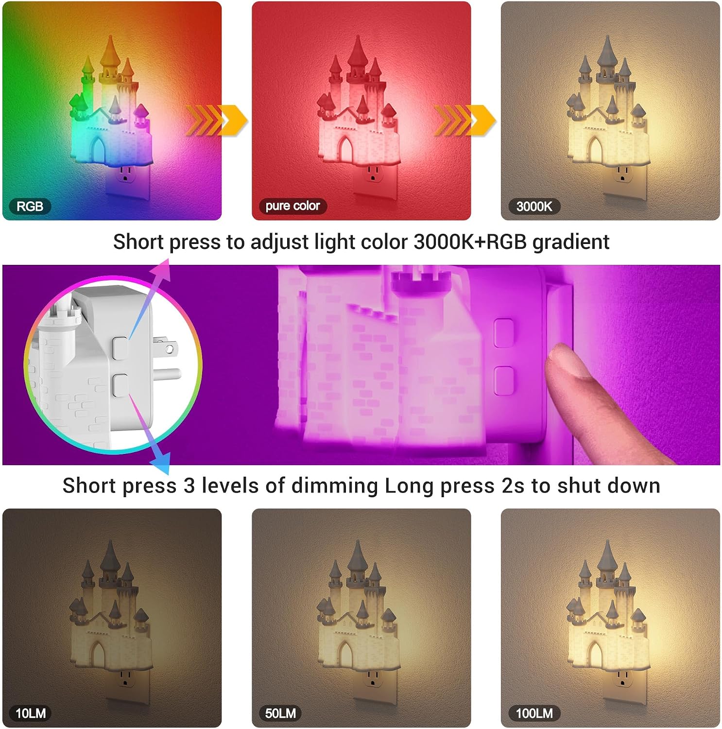 JandCase Night Lights Plug into Wall,3D Printed Castle RGB Night Light,10-Color Change Night Light, Dimmable Nightlights with Dusk to Dawn…