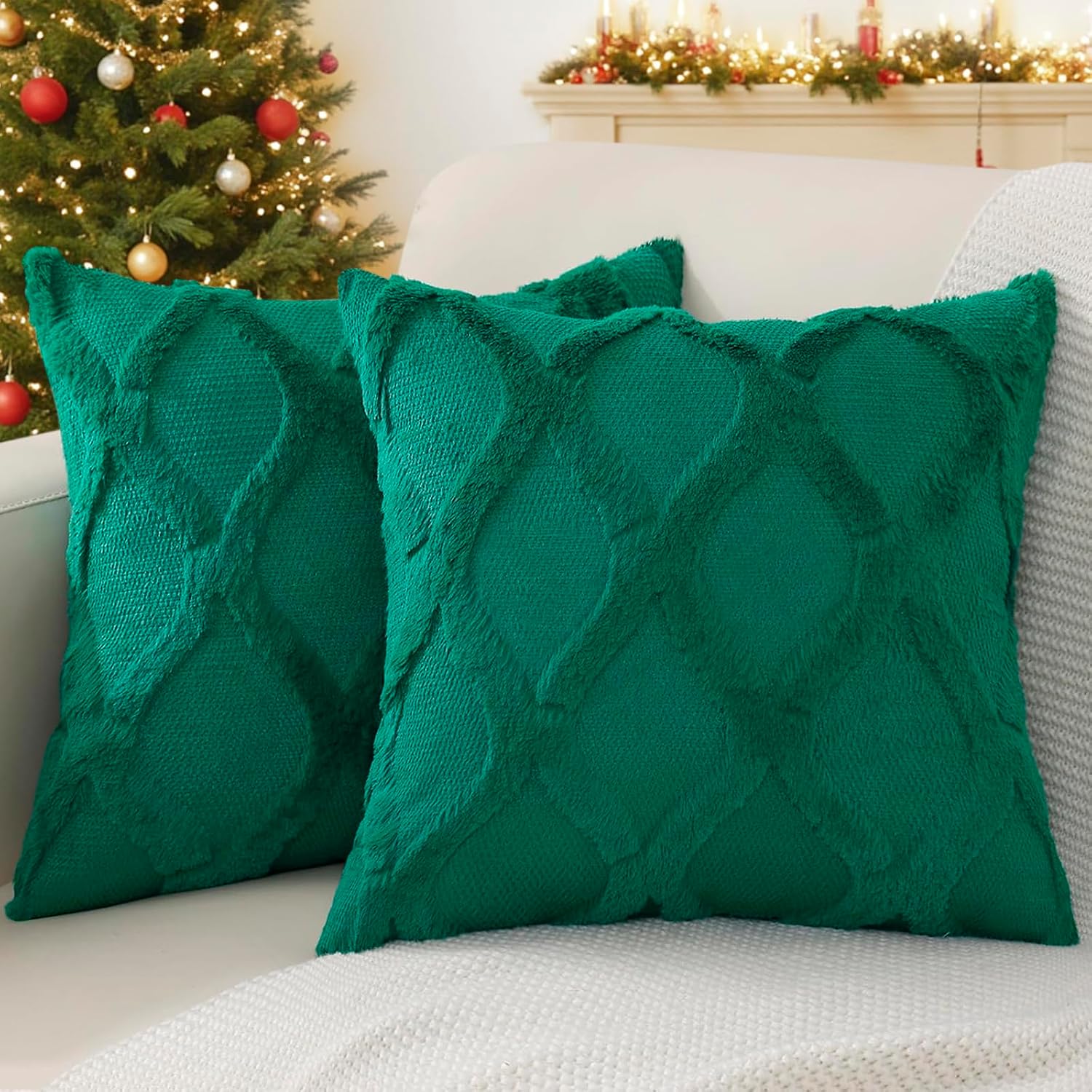decorUhome Summer Throw Pillow Covers 18x18 Inch Set of 2, Soft Plush Faux Fur Wool Green Accent Couch Pillow Covers for Modern Farmhouse B…