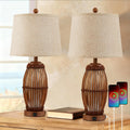 27” Vintage Bamboo Woven Table Lamps Set of 2, Farmhouse Rattan Bedside Lamps for Bedroom Livingroom Office Study with Nightlight and USB…