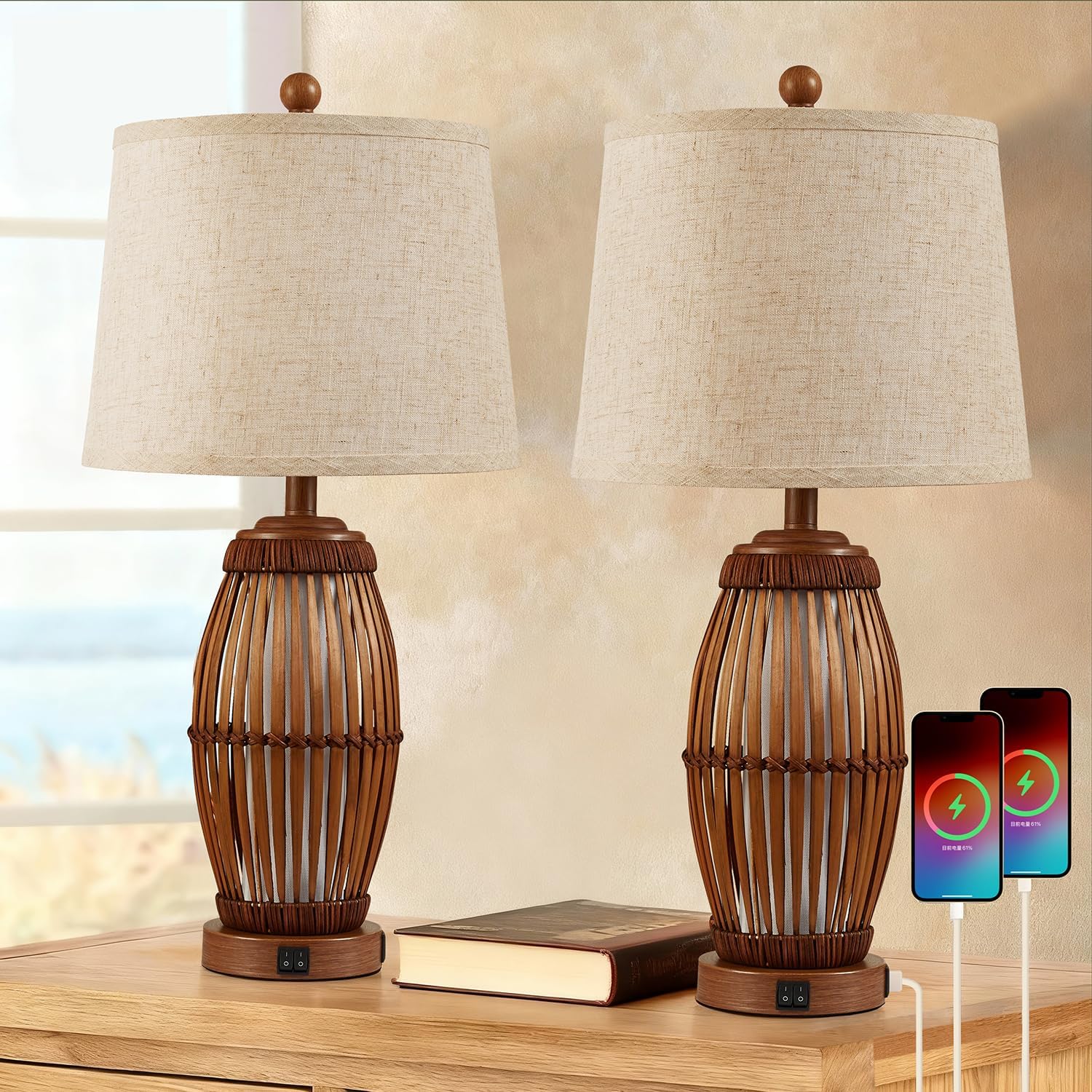 27” Vintage Bamboo Woven Table Lamps Set of 2, Farmhouse Rattan Bedside Lamps for Bedroom Livingroom Office Study with Nightlight and USB…