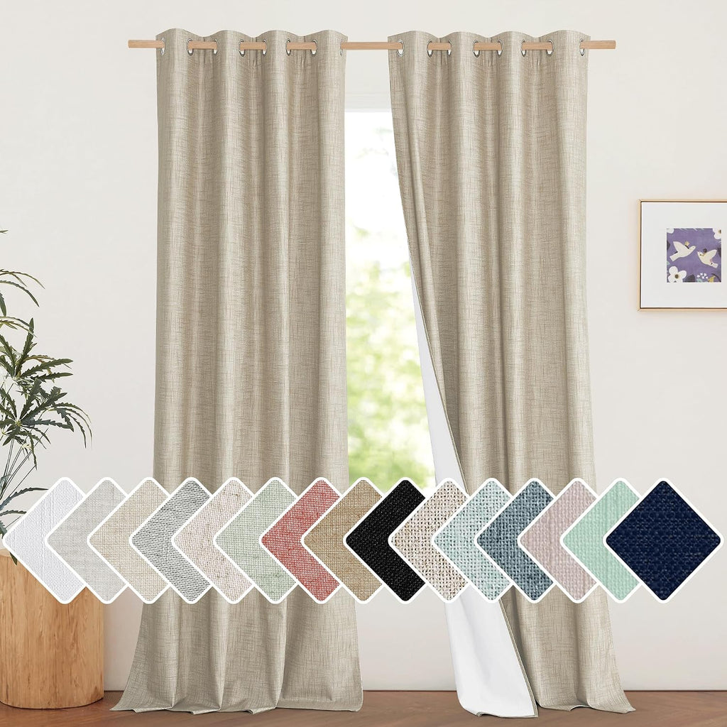 NICETOWN Taupe 100% Blackout Linen Curtains 102 inch Long Burg, Farmhouse Thick Completely Blackout Window Treatment Panels Thermal…