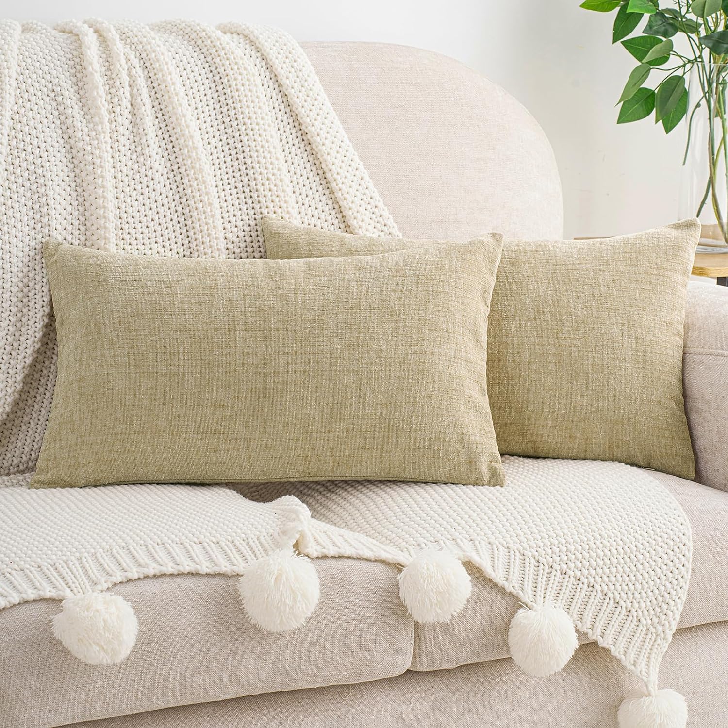 Hwy50 HWY 50 Beige Lumbar Pillow Covers 12x20 Inch Pack of 2, Soft Chenille Decorative Throw Pillow Covers Farmhouse for Couch Sofa Living…