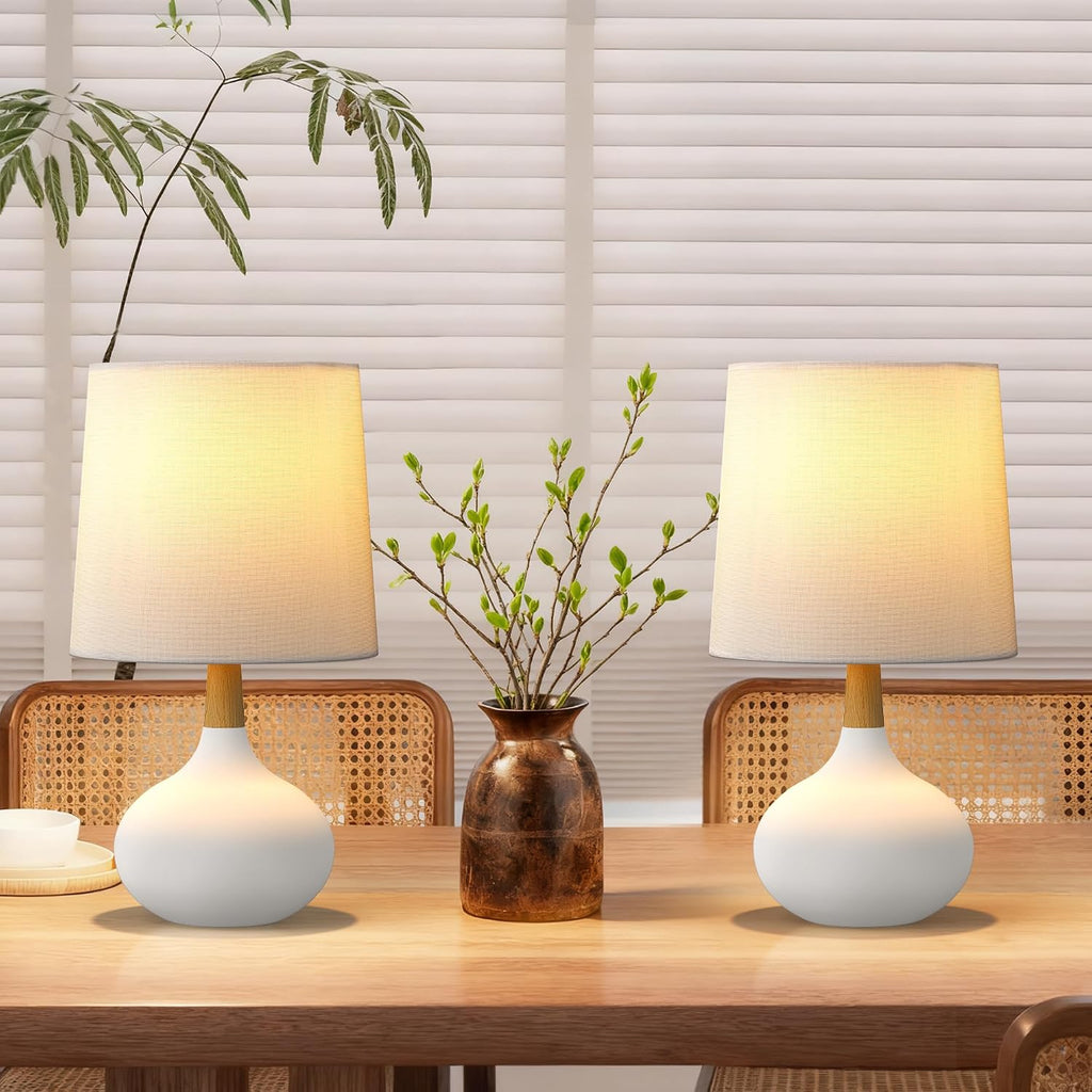 Hightry 14" Small Ceramic Table Lamp Set of 2, Bedside Lamp for Living Room with Natural Wood Stem & Linen Shade for Home Decor, Modern Far…