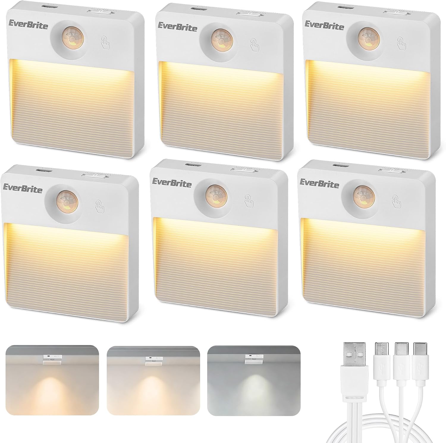 EverBrite Rechargeable Square Motion Sensor LED Night Light, Motion Activated LED Night Light with 3 Lighting Modes, Touch Control, 3…