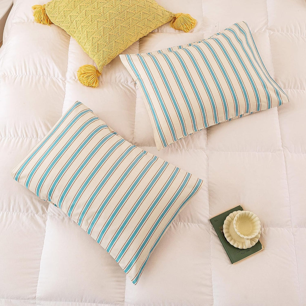 ECOCOTT Striped Pillowcases Standard Size Set of 2, 100% Washed Cotton Pillow Cases with Envelope Closure, Blue&Brown Ticking Stripe…