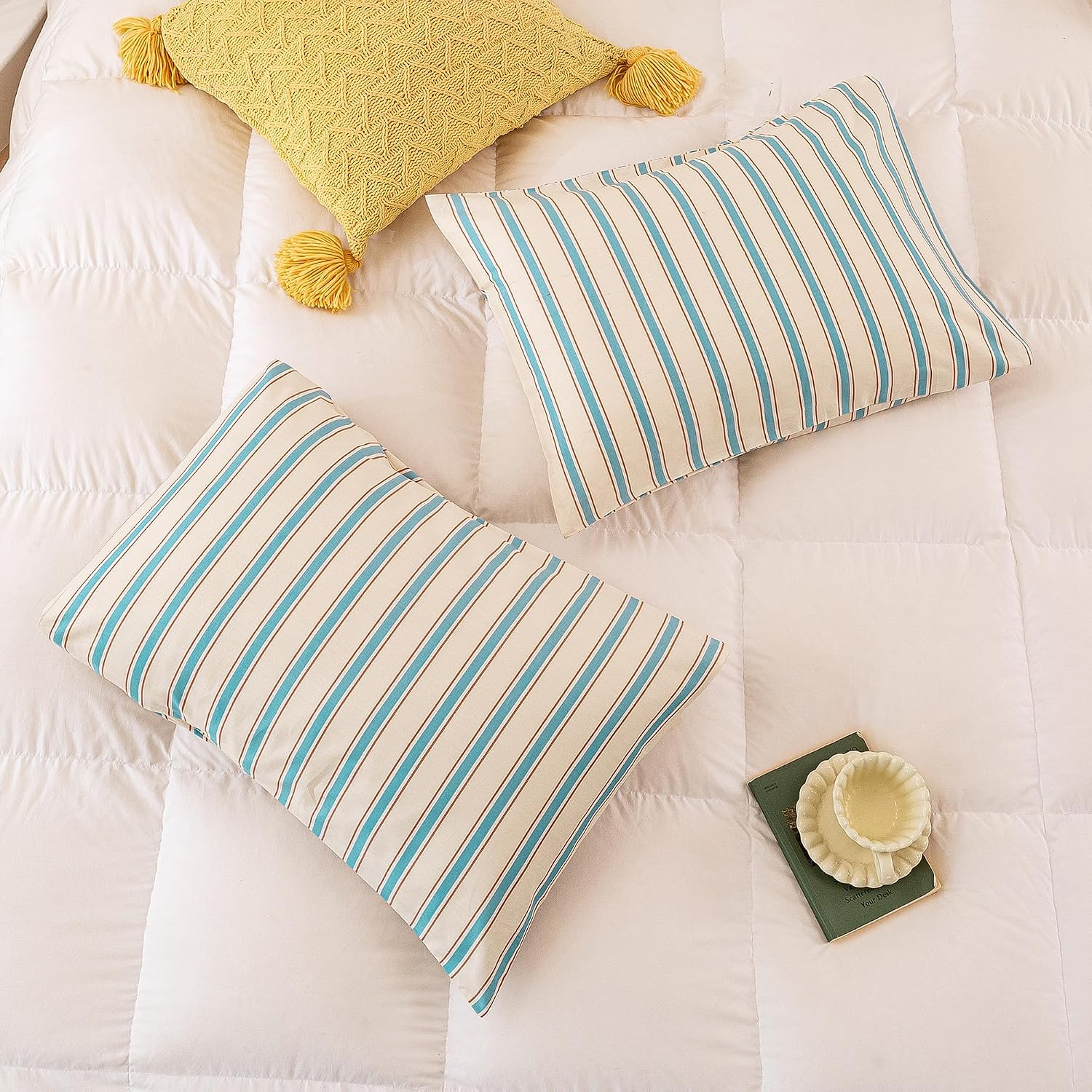 ECOCOTT Striped Pillowcases Standard Size Set of 2, 100% Washed Cotton Pillow Cases with Envelope Closure, Blue&Brown Ticking Stripe…