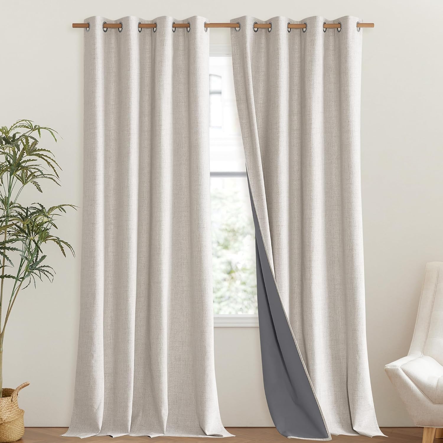 NICETOWN Brich Vintage Open Linen Weave Flax Thermal Curtains, 100% Blackout Curtains 95" Long for Dining Room, Soundproof Window…